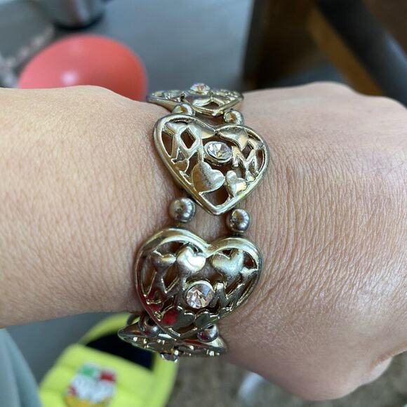 Mom Hearts Charms Chain Bracelet Silver Tone Crystal Elastic Stretch - Picture 2 of 5